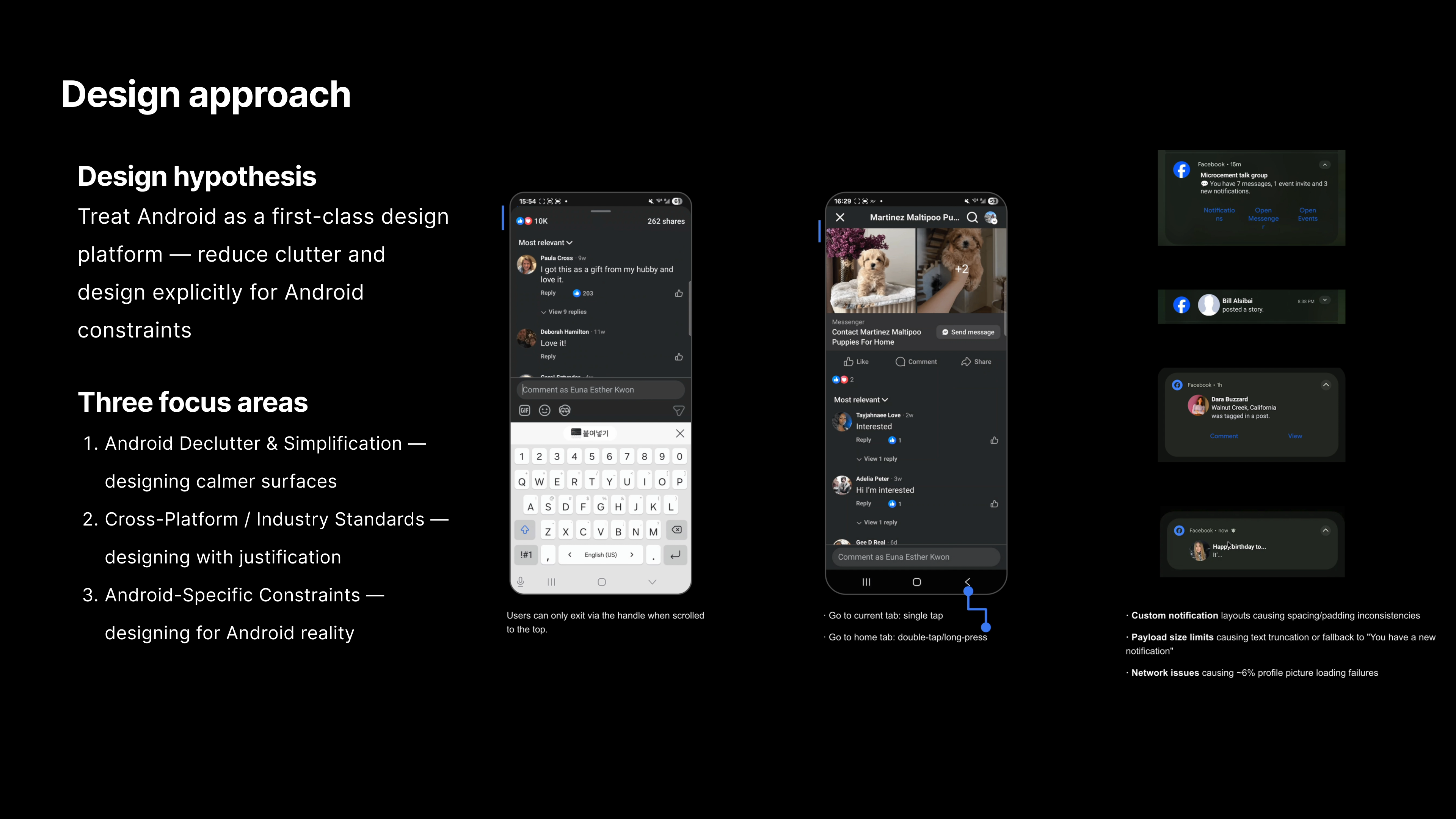 Design approach — three focus areas for Android quality