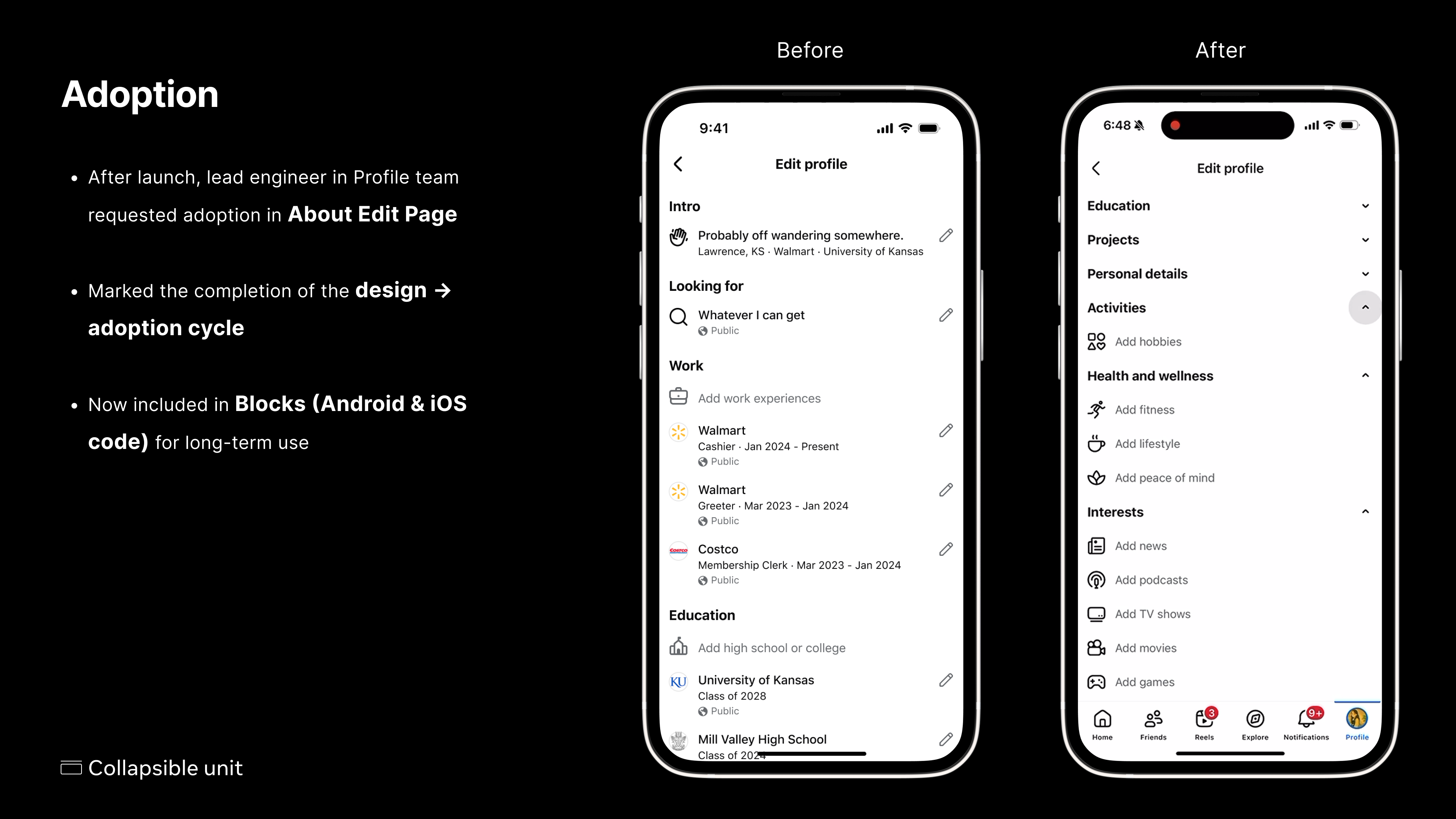 Adoption — before and after on the edit-profile surface