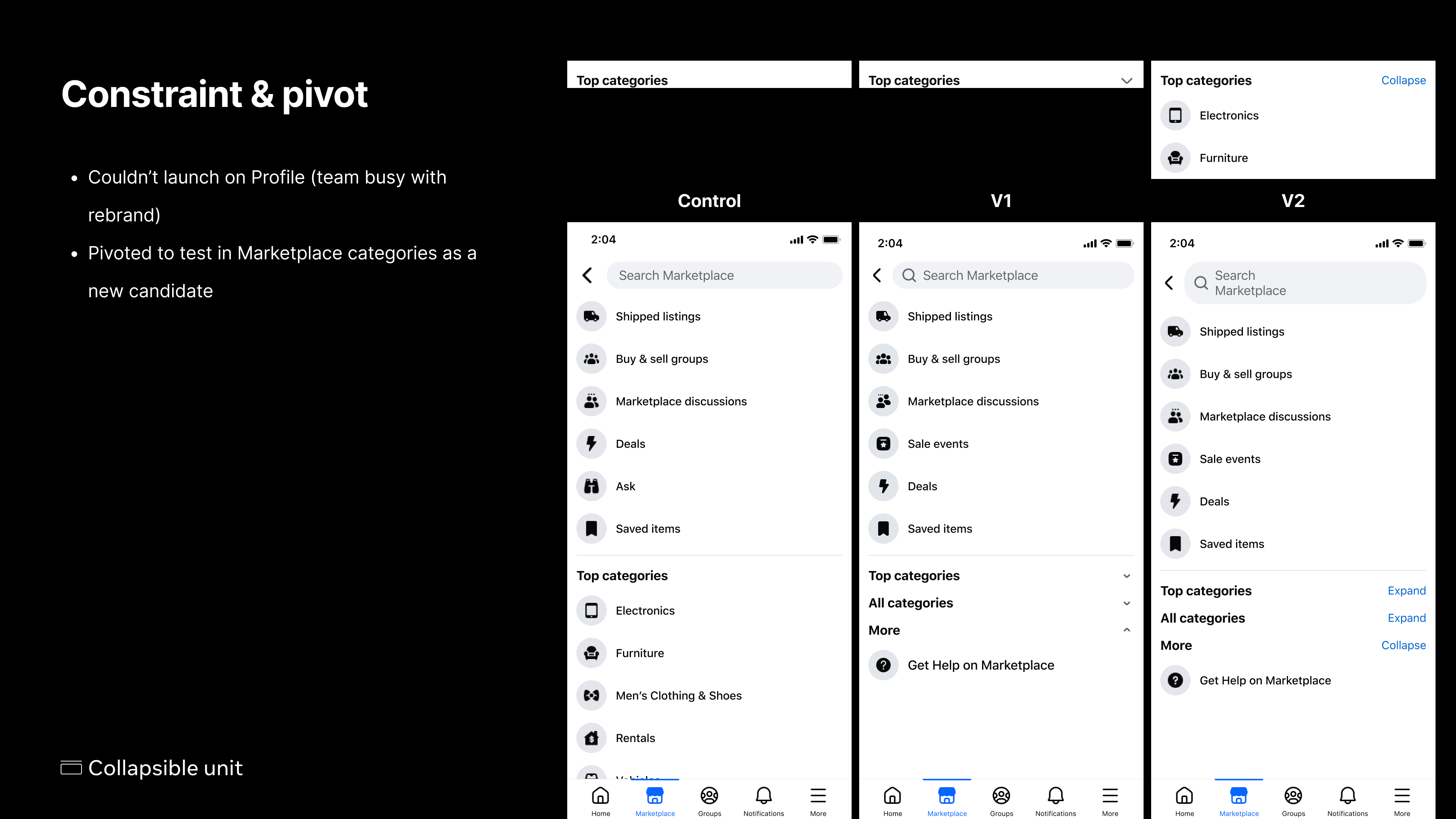 Marketplace categories experiment — control, V1, V2