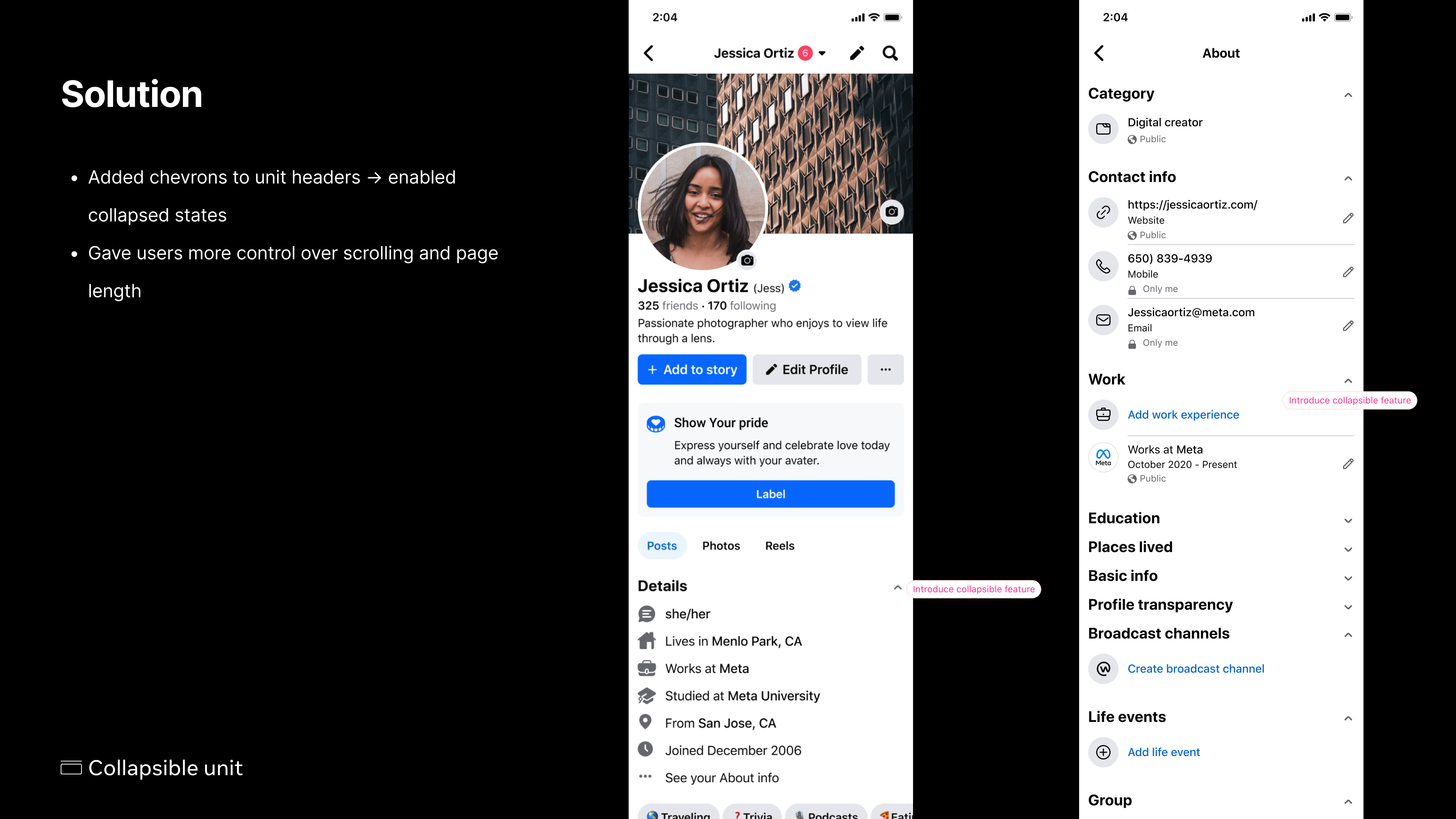 Collapsible unit solution on profile and About pages