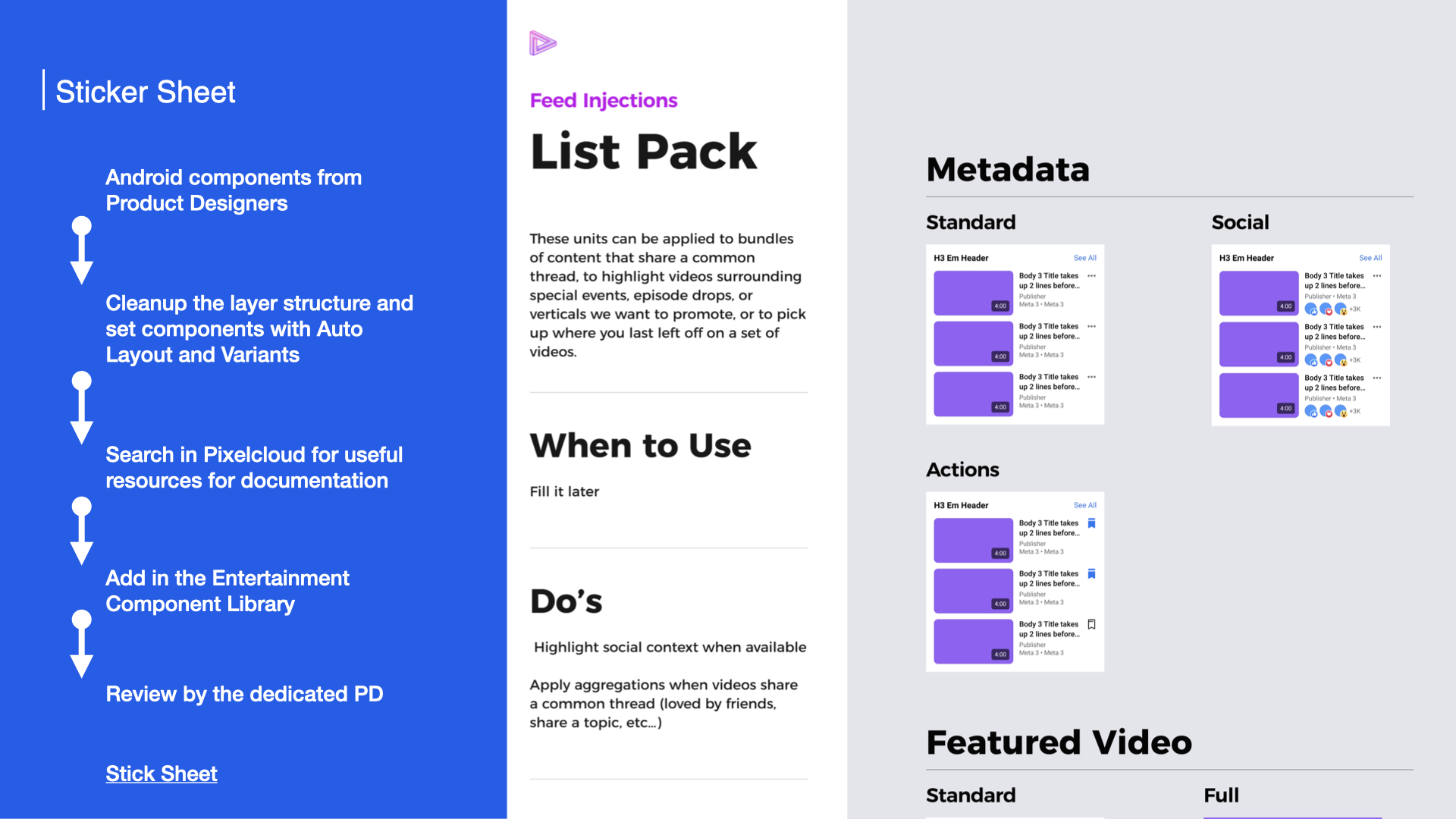 Sticker sheet — Feed Injections List Pack with metadata, actions, and featured video
