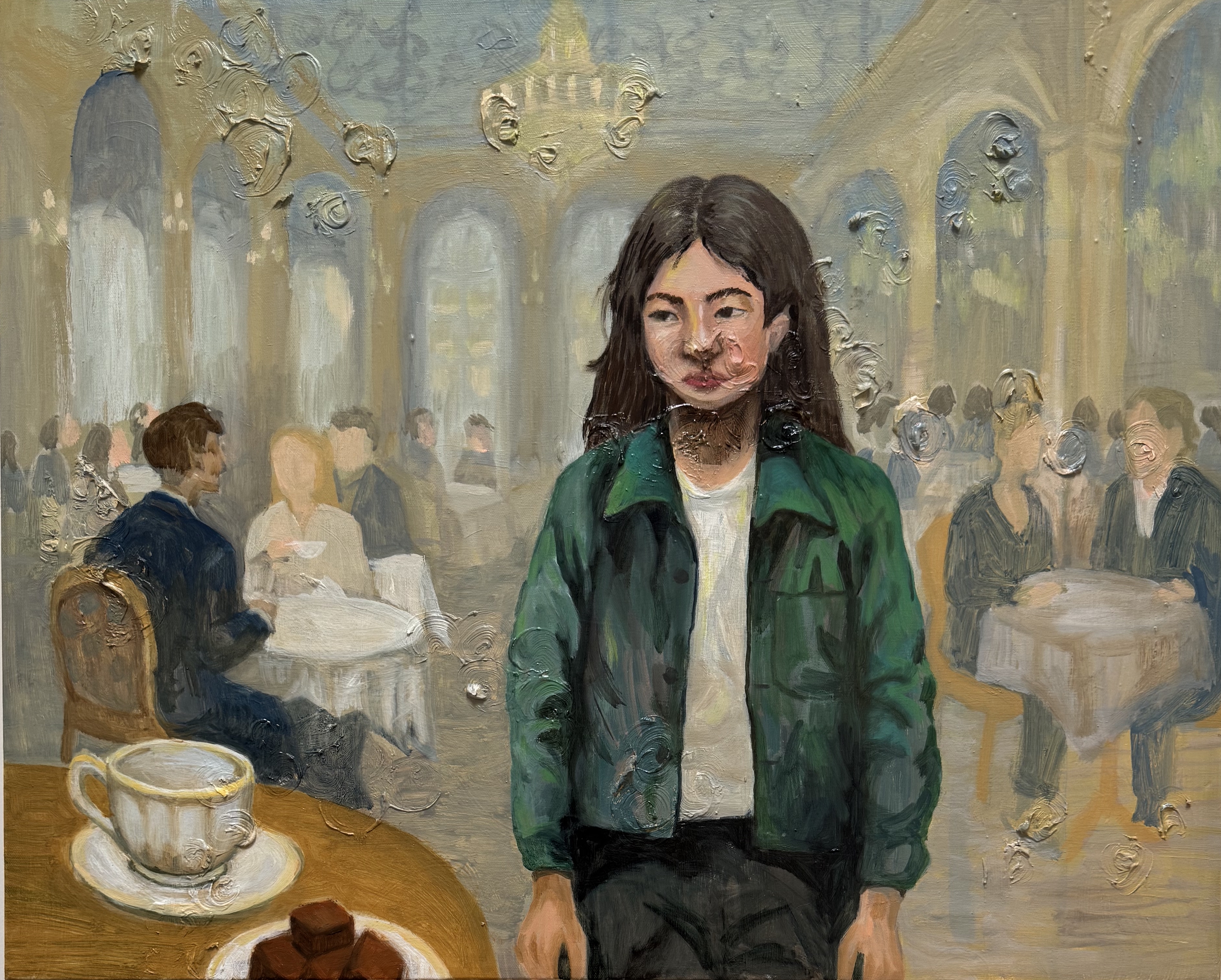 Dream — oil painting, self-portrait in a grand café