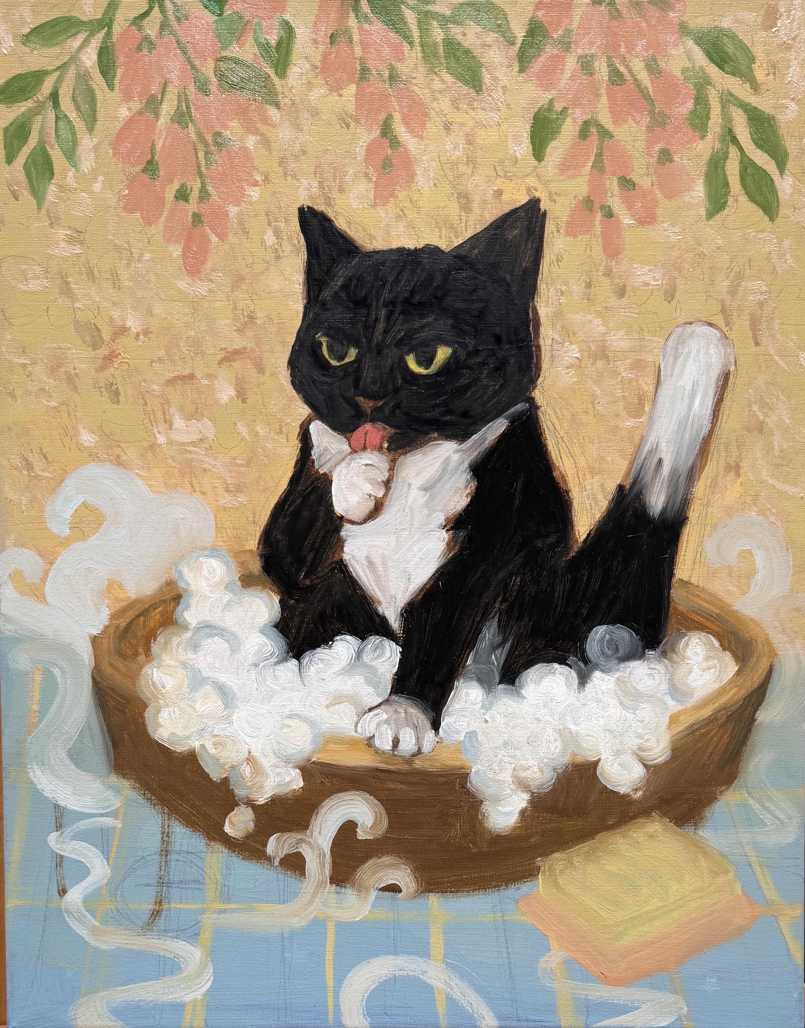 Lupin — oil painting of a tuxedo cat grooming in a basin